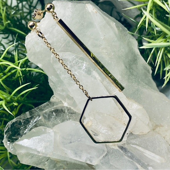 Hexagon and Bar Gold Dangle Earrings 925 Sterling Silver Gold Plated - Picture 3 of 6